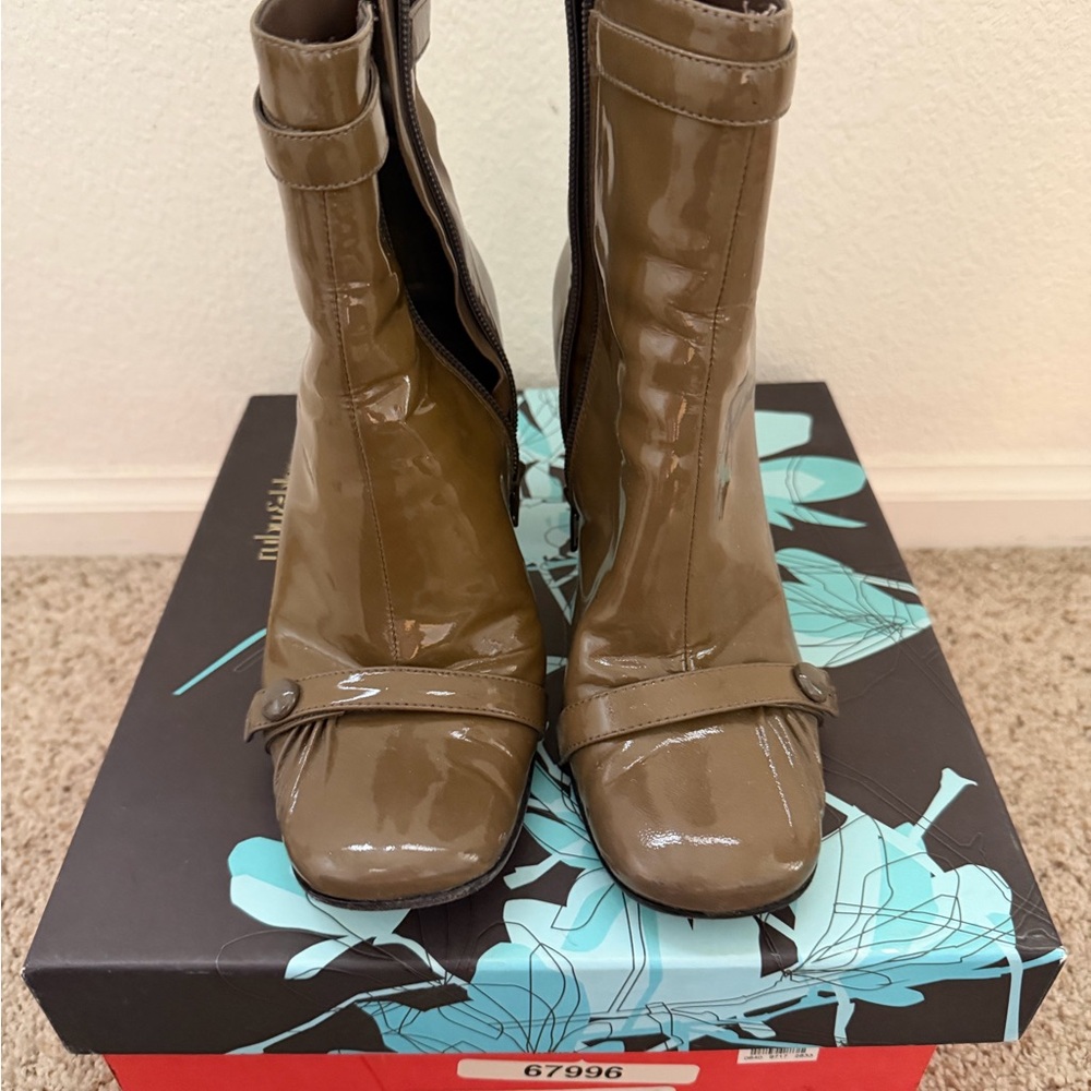 Olive Patent Mid-Calf Heeled Boots with Strap Detail